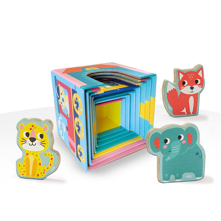 Stacking blocks tower with animal figures