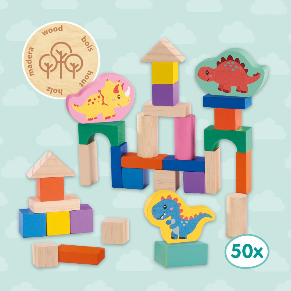 Wooden Building Blocks Dinos - 50pcs Bucket