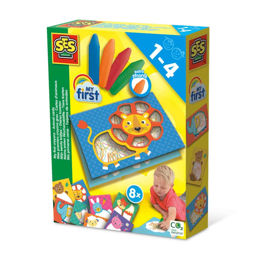 SES Creative My First Crayons – 8 Tarjetas De Animales Y 4 Crayones Triangulares Para Niños Pequeños