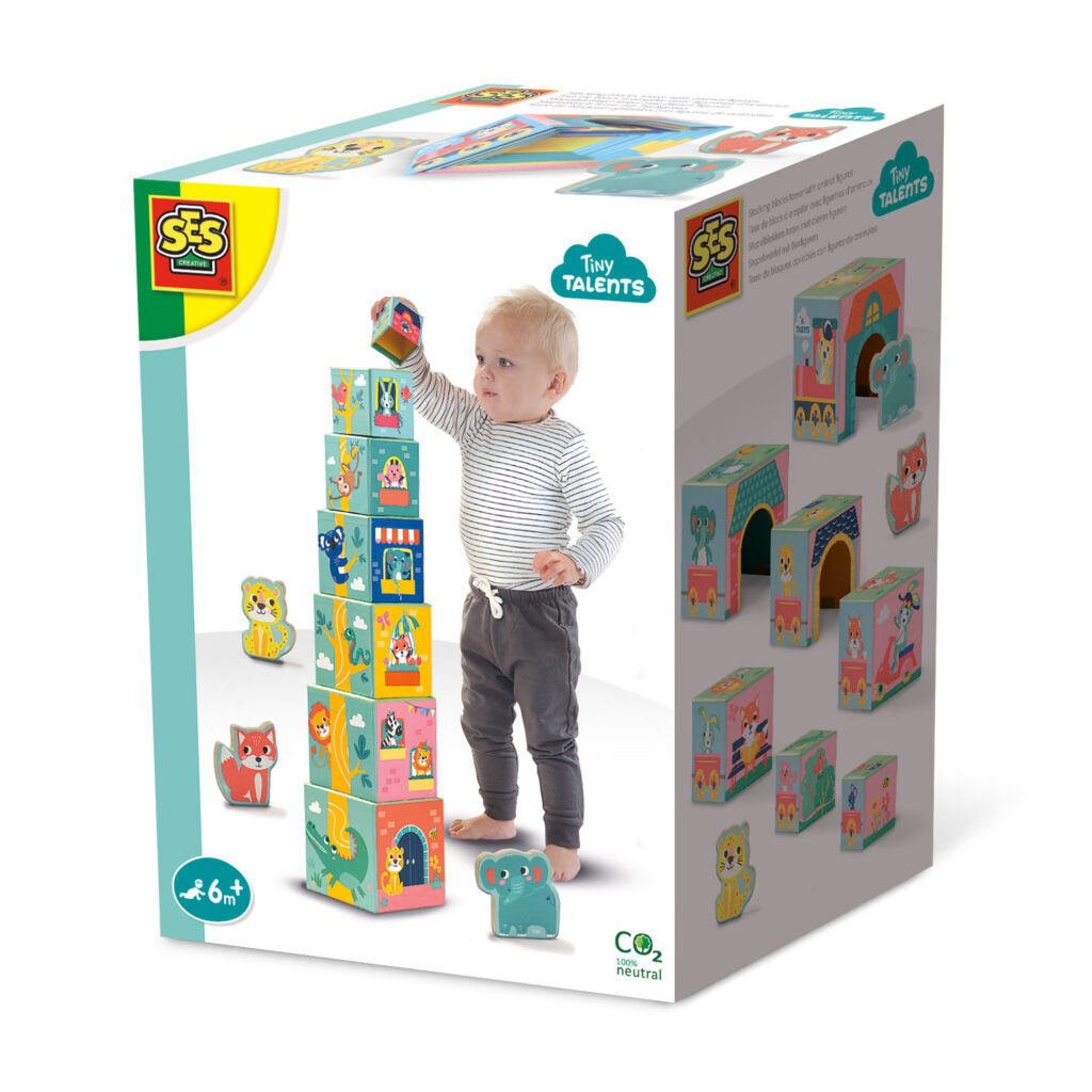 Stacking blocks tower with animal figures