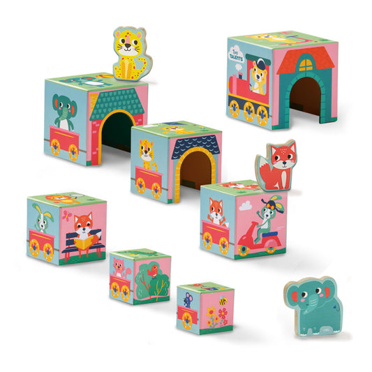 Stacking blocks tower with animal figures