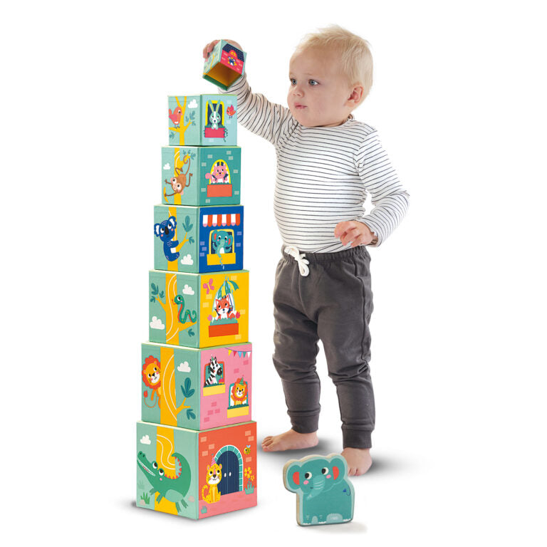 Stacking blocks tower with animal figures