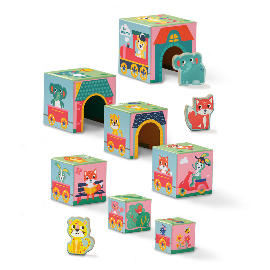 Stacking blocks tower with animal figures