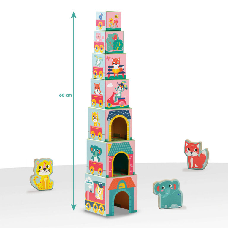 Stacking blocks tower with animal figures